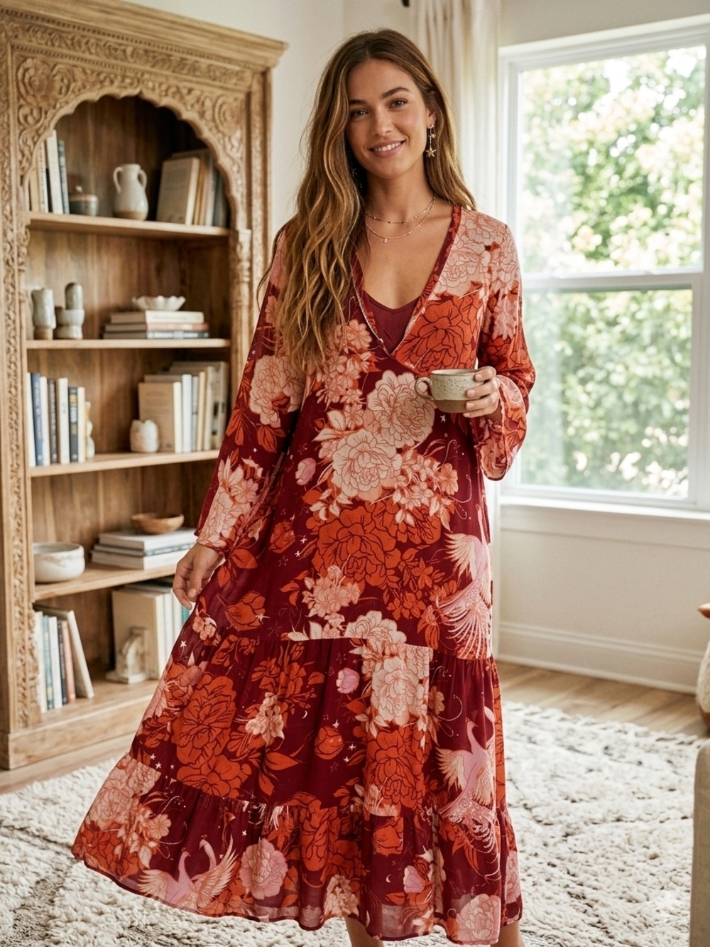 Free People Floral Maxi Dress in Rust and Red. Size S
